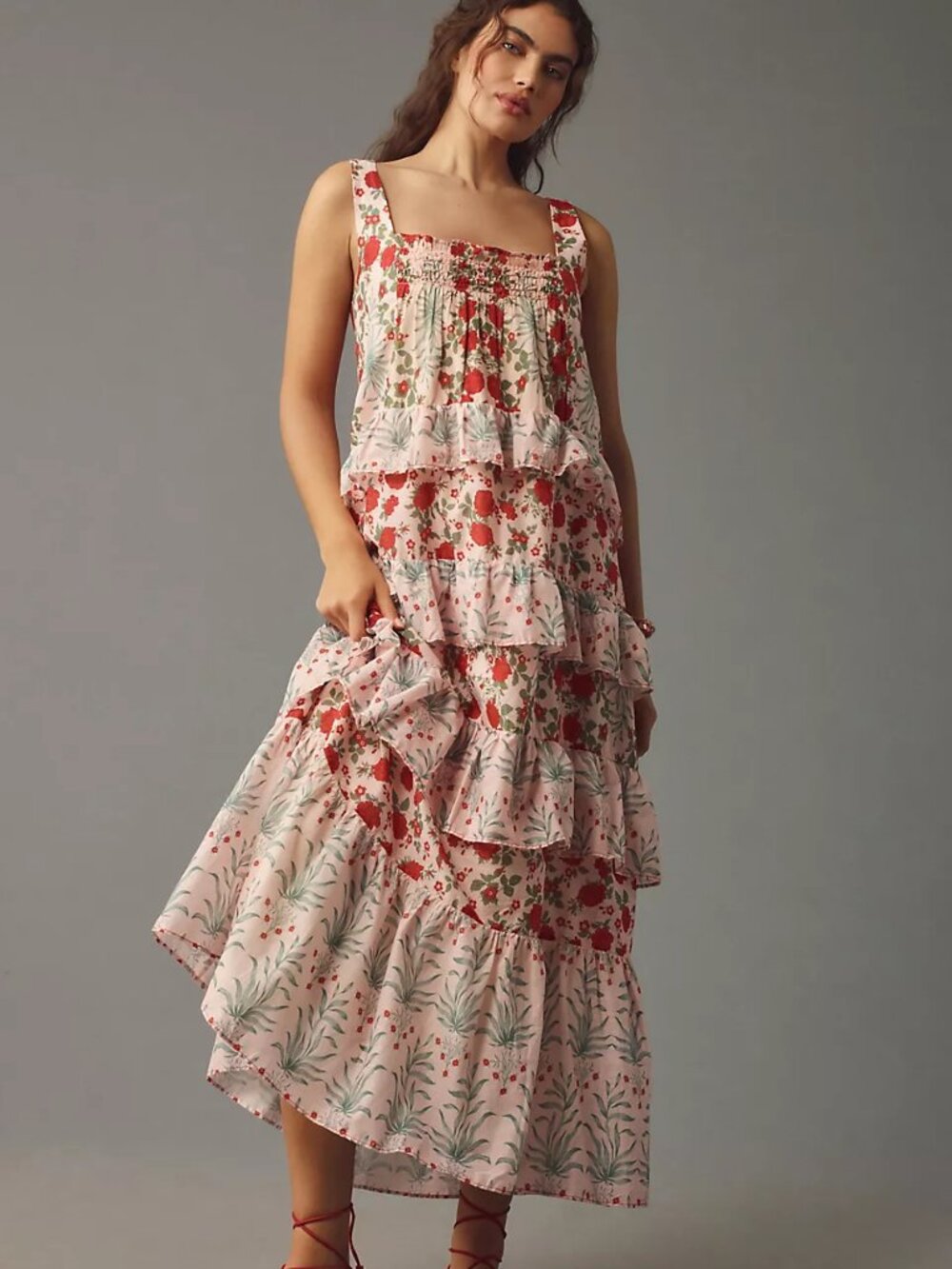 NWT BY ANTHROPOLOGIE Sleeveless Square-Neck Tiered Midi Dress Size L Pink Combo